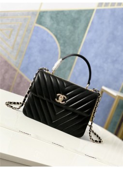SMALL FLAP BAG WITH TOP HANDLE Chevrons Pattern Lambskin Gold Metal Black A
